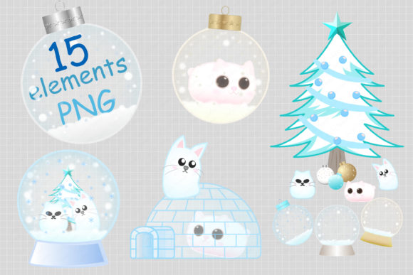 Cat Christmas Snow Globe Sticker Clipart Illustrations