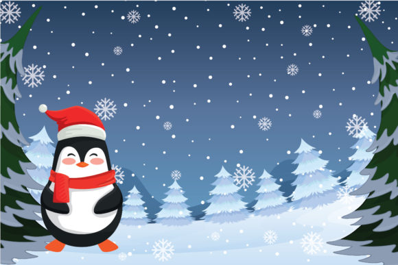 Christmas Penguin with Snow Illustrations