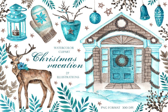 Christmas Vacation Watercolor Clipart Illustrations