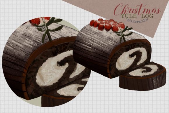 Christmas Yule Log Watercolor Illustrations