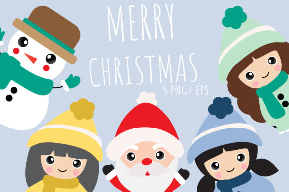 Girls Cartoon Christmas Set Clipart Illustrations