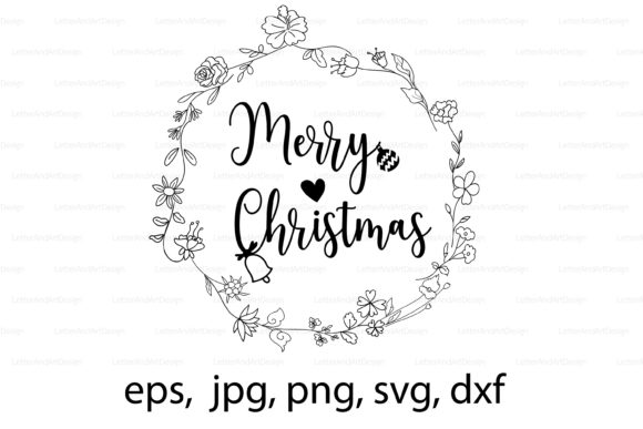 Merry Christmas Text in a Floral Wreath Illustrations