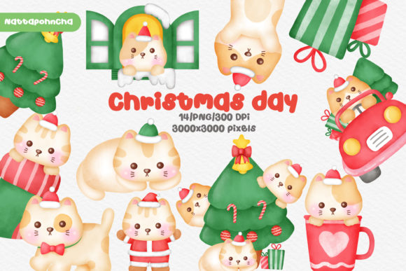 Watercolor Christmas Cute Cats Clipart Illustrations